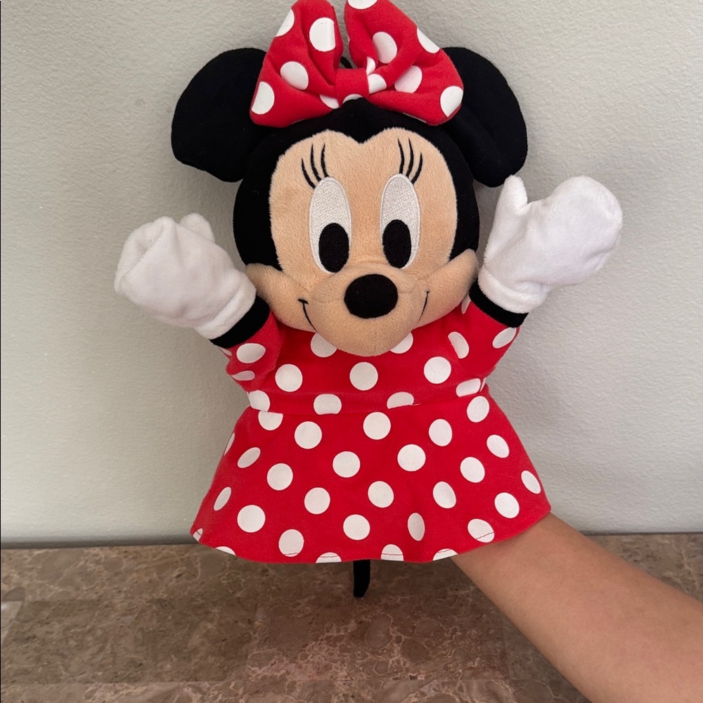 Disney Minnie mouse hand puppet toy in red polka dot dress
